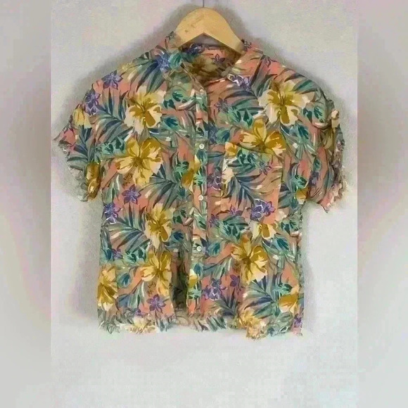 Philosophy Floral Tropical Jungle Print Button Down Shirt Rough Hem XS NWT - Picture 1 of 12